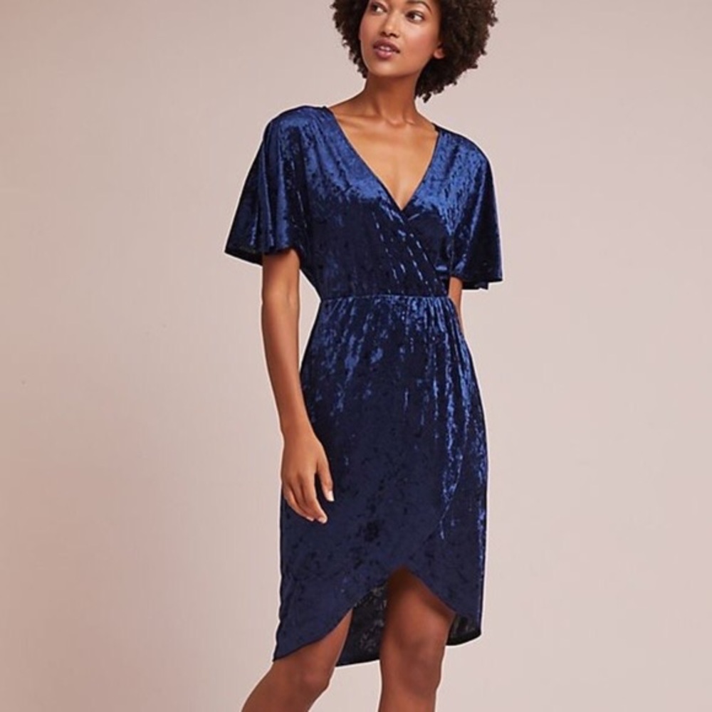Anthropologie Blue Velvet Wrap Dress